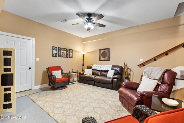 living room with ceiling fan