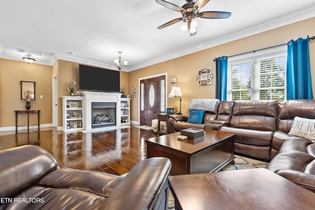 living room with ceiling fan, wood-type flooring, and ornamental molding