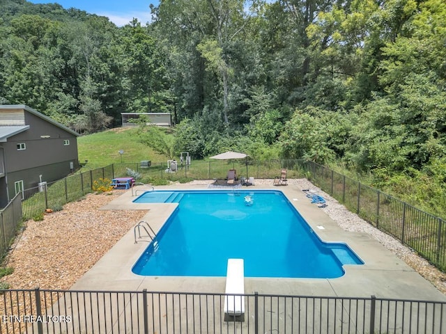 view of pool with a diving board and a patio area