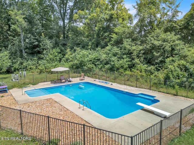 view of swimming pool with a diving board and a patio area