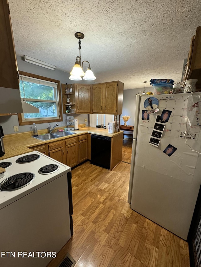 kitchen featuring white electric range oven, refrigerator, light wood-type flooring, dishwasher, and pendant lighting