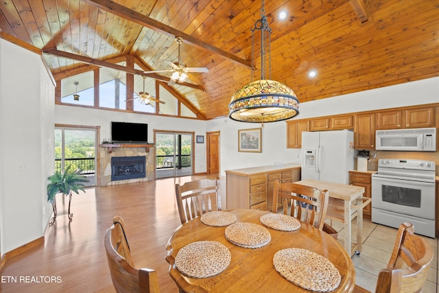 dining area featuring wood ceiling, ceiling fan, high vaulted ceiling, beamed ceiling, and light wood-type flooring