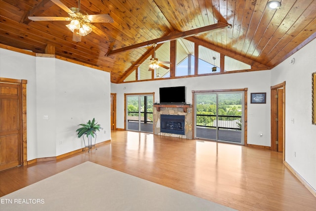 unfurnished living room with ceiling fan, a fireplace, hardwood / wood-style floors, and wood ceiling