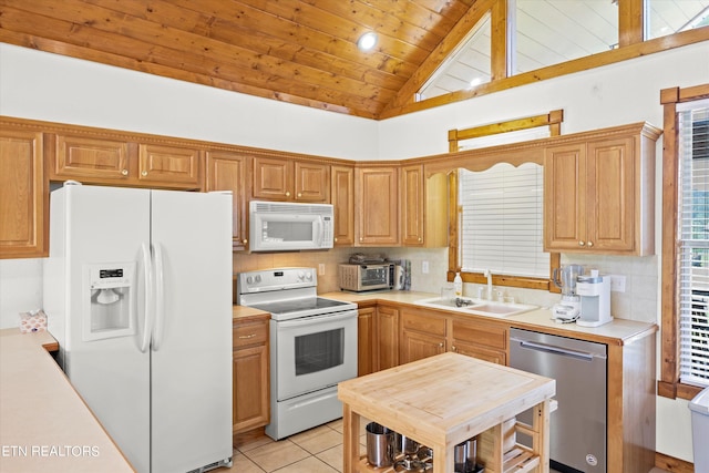 kitchen featuring white appliances, wood ceiling, light tile patterned floors, sink, and tasteful backsplash