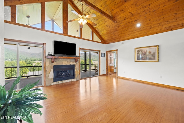 unfurnished living room featuring high vaulted ceiling, wooden ceiling, a fireplace, hardwood / wood-style flooring, and ceiling fan