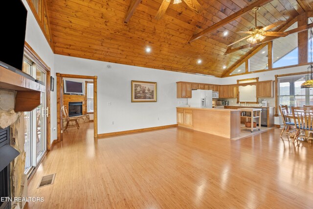 kitchen with ceiling fan, high vaulted ceiling, a fireplace, light hardwood / wood-style floors, and white appliances