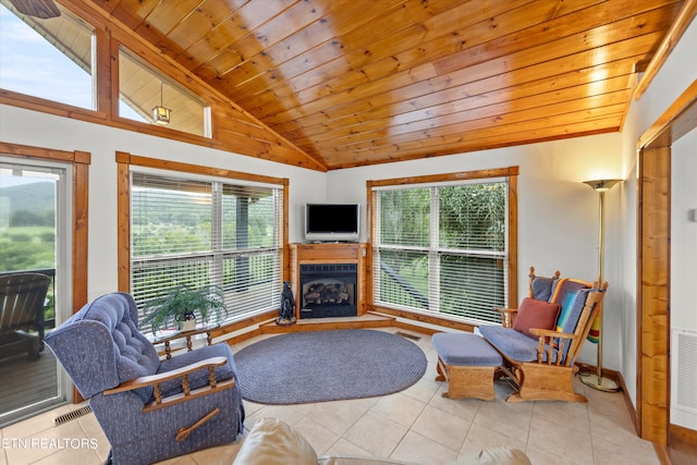 tiled living room featuring lofted ceiling and wood ceiling