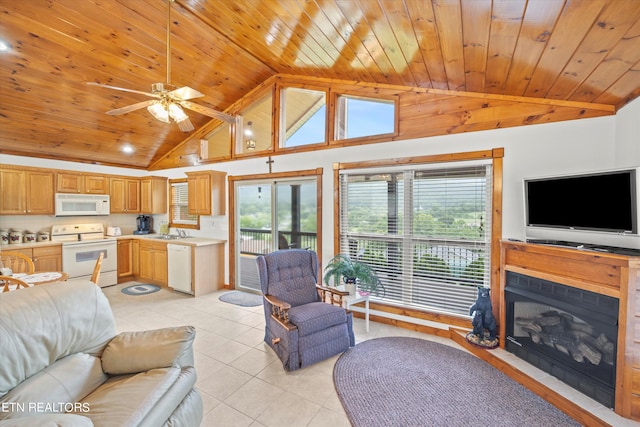 living room featuring ceiling fan, wooden ceiling, high vaulted ceiling, and light tile patterned floors