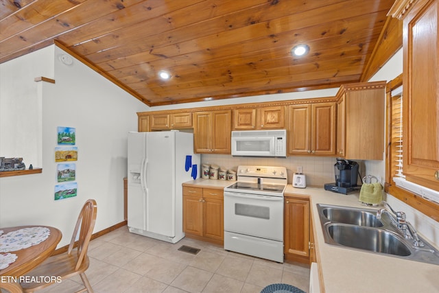 kitchen featuring white appliances, wooden ceiling, backsplash, light tile patterned floors, and vaulted ceiling