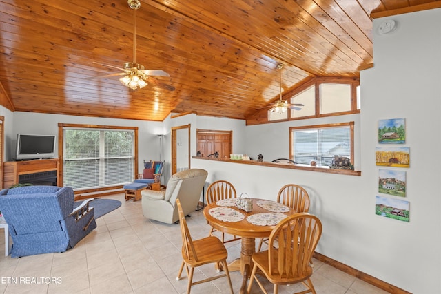 dining area with ceiling fan, wooden ceiling, high vaulted ceiling, and light tile patterned floors