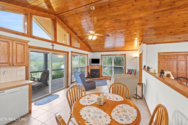 tiled dining space with ceiling fan, a wealth of natural light, high vaulted ceiling, and wood ceiling