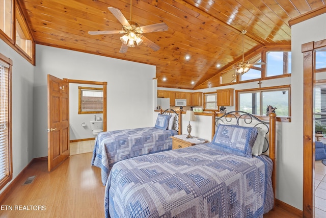 bedroom with connected bathroom, wooden ceiling, white refrigerator, lofted ceiling, and light hardwood / wood-style flooring