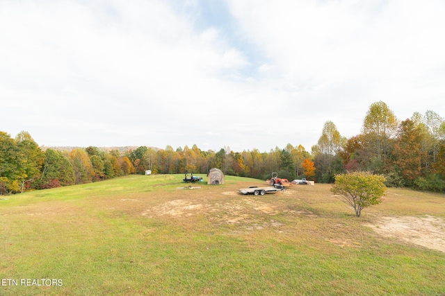 view of yard featuring a forest view