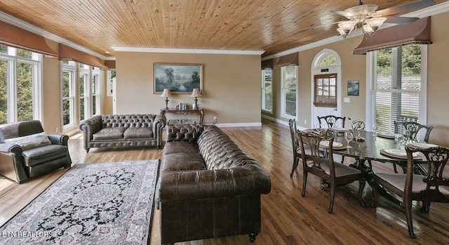 living room with wooden ceiling, crown molding, hardwood / wood-style floors, and ceiling fan