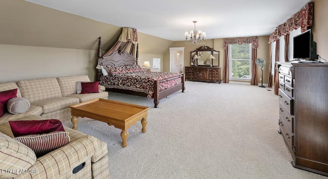 carpeted bedroom with lofted ceiling and an inviting chandelier