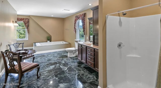 full bathroom featuring tile patterned floors, plus walk in shower, vanity, and toilet