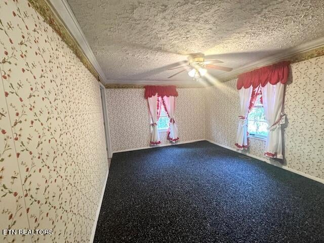 carpeted spare room featuring ceiling fan, crown molding, and a textured ceiling