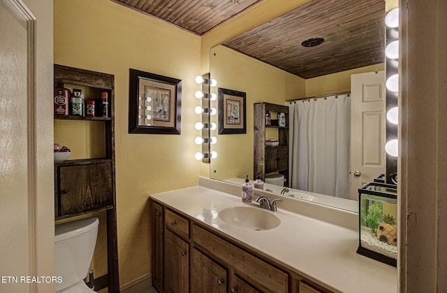 bathroom with vanity, toilet, and wooden ceiling