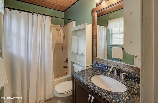 full bathroom with vanity, shower / tub combo, wood ceiling, and toilet