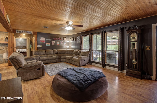 living room featuring ceiling fan, wood-type flooring, and wood ceiling