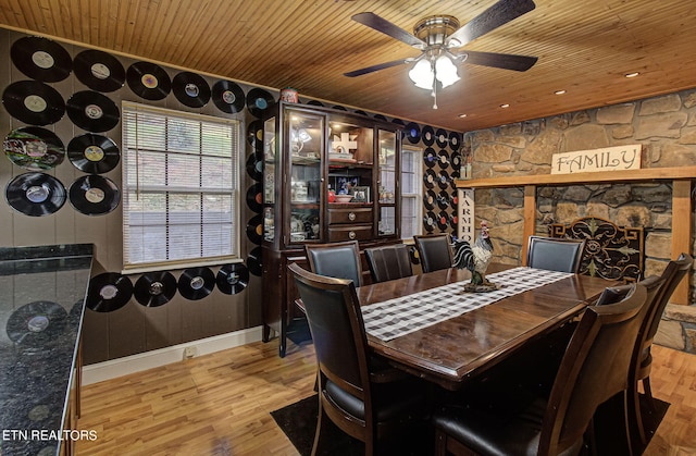 dining area with wood ceiling, hardwood / wood-style floors, and ceiling fan