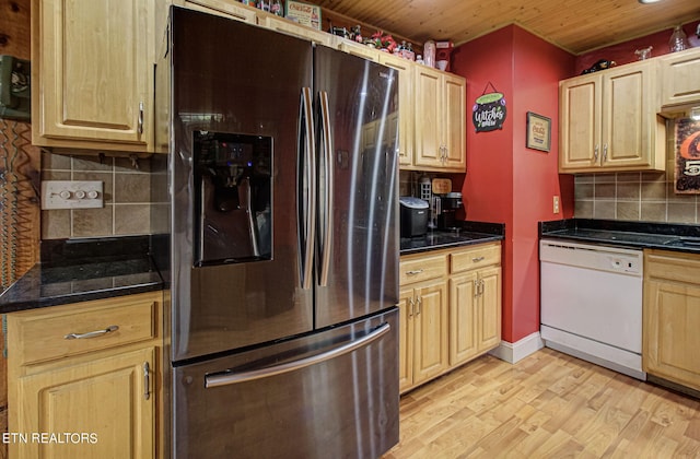 kitchen with tasteful backsplash, dishwasher, wood ceiling, stainless steel fridge with ice dispenser, and light hardwood / wood-style flooring