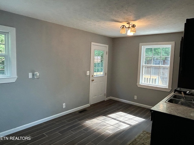 unfurnished dining area with a wealth of natural light, dark wood-type flooring, and a textured ceiling