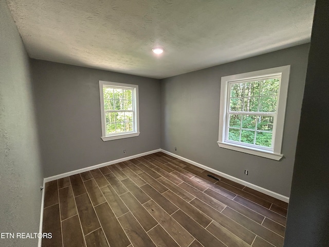 empty room with wood-type flooring and a textured ceiling