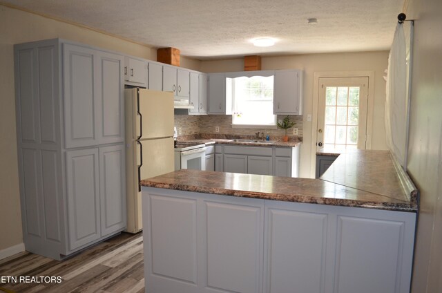 kitchen featuring white appliances, sink, tasteful backsplash, white cabinetry, and light hardwood / wood-style floors