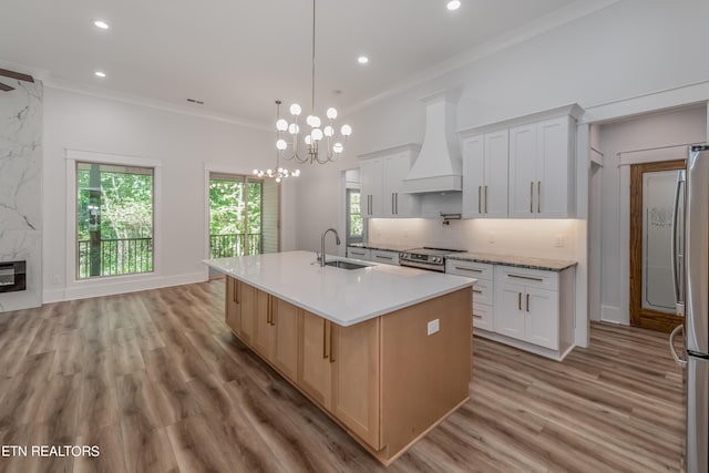 kitchen with tasteful backsplash, sink, white cabinets, custom exhaust hood, and a kitchen island with sink