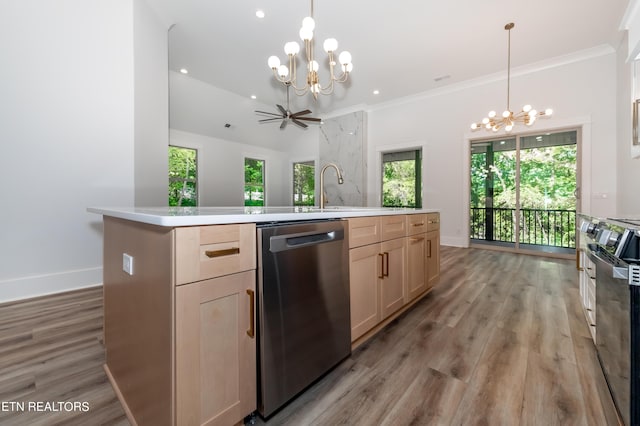 kitchen featuring a kitchen island with sink, hanging light fixtures, dishwasher, and light brown cabinets