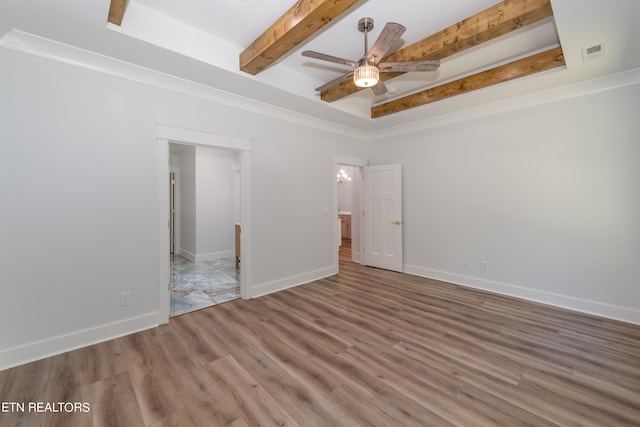 unfurnished room featuring hardwood / wood-style floors, beam ceiling, a raised ceiling, and ceiling fan