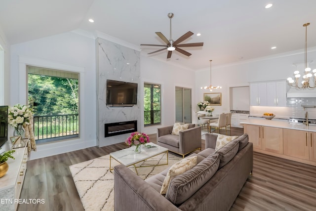 living room with sink, dark wood-type flooring, a fireplace, ornamental molding, and vaulted ceiling