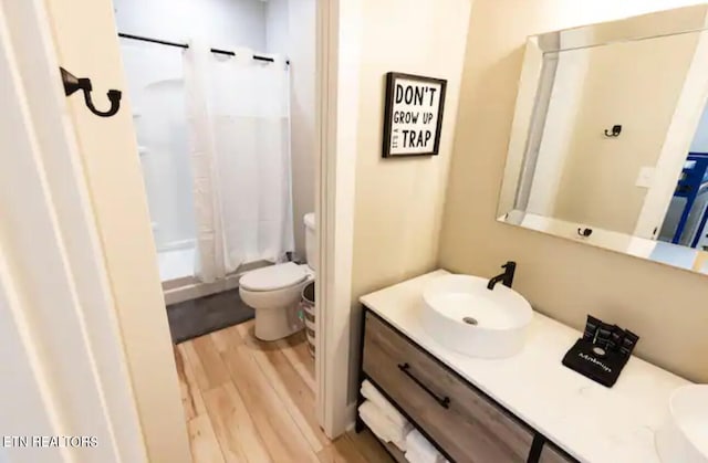 bathroom featuring vanity, toilet, and hardwood / wood-style floors