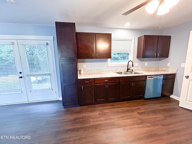 kitchen with dishwasher, dark hardwood / wood-style floors, dark brown cabinets, sink, and ceiling fan