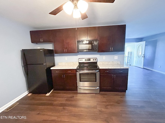 kitchen featuring ceiling fan, black appliances, dark hardwood / wood-style floors, and dark brown cabinetry