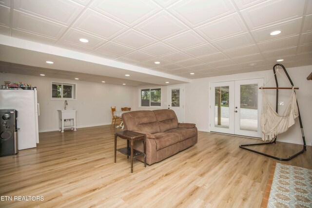 living room featuring light hardwood / wood-style floors and french doors