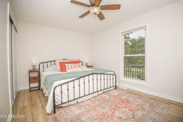 bedroom featuring light hardwood / wood-style floors, ceiling fan, and a closet