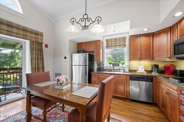 kitchen featuring light hardwood / wood-style flooring, lofted ceiling, appliances with stainless steel finishes, dark stone countertops, and tasteful backsplash