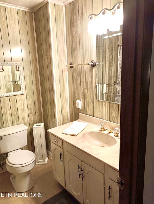 bathroom with toilet, wooden walls, and vanity