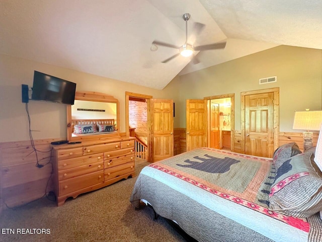 bedroom with carpet floors, vaulted ceiling, ceiling fan, and a closet