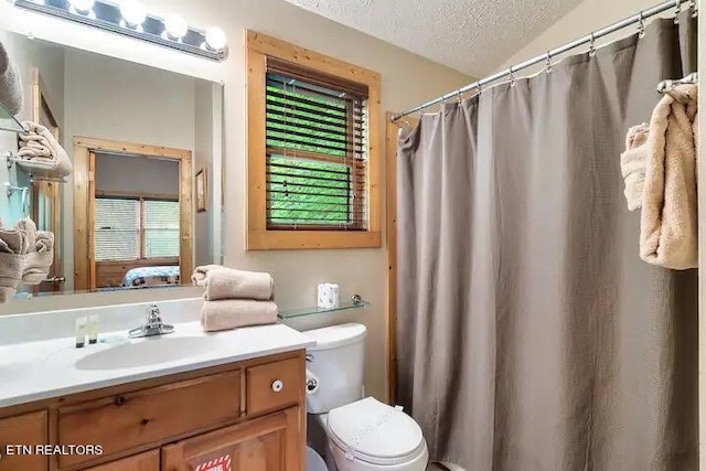 bathroom with a wealth of natural light, toilet, a textured ceiling, and vanity