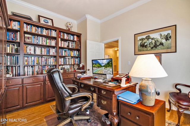 office featuring ornamental molding and light wood-type flooring