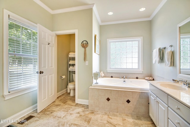 bathroom with a relaxing tiled tub, vanity, crown molding, and toilet