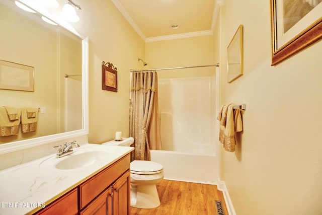 full bathroom featuring wood-type flooring, shower / bath combination with curtain, ornamental molding, vanity, and toilet