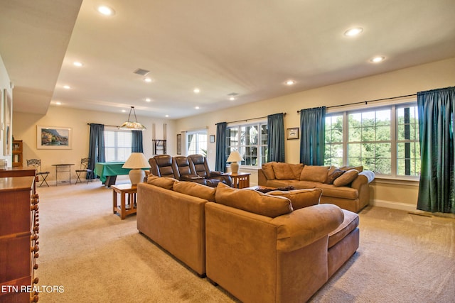 living room featuring light colored carpet