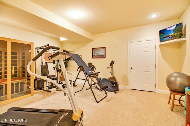 workout room featuring carpet floors