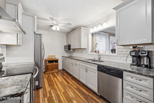 kitchen with ceiling fan, dark hardwood / wood-style floors, wall chimney exhaust hood, appliances with stainless steel finishes, and sink