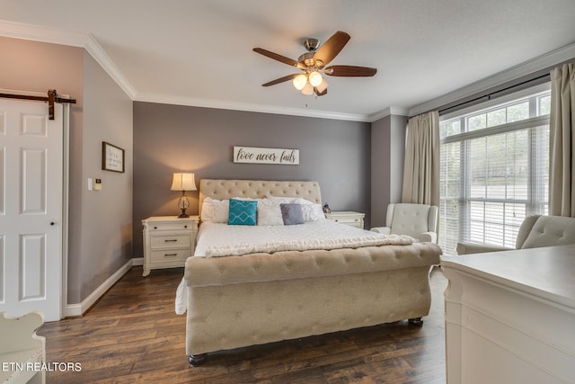 bedroom featuring dark hardwood / wood-style flooring, crown molding, and ceiling fan