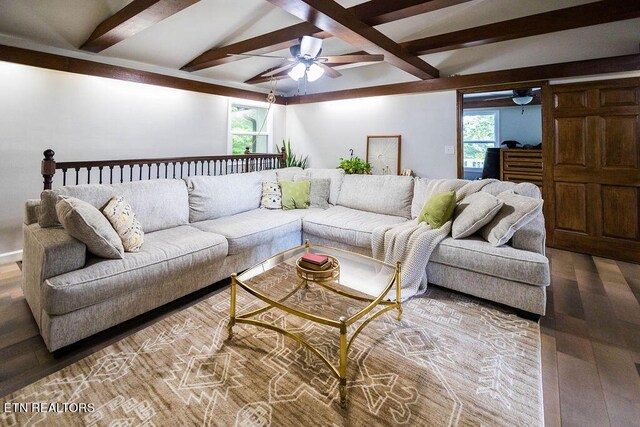 living room with ceiling fan, hardwood / wood-style flooring, and lofted ceiling with beams